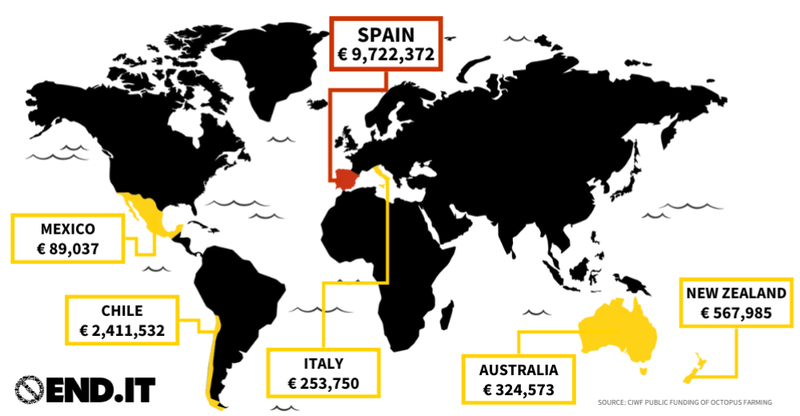 World map highlighting countries with highest funding for octopus farming